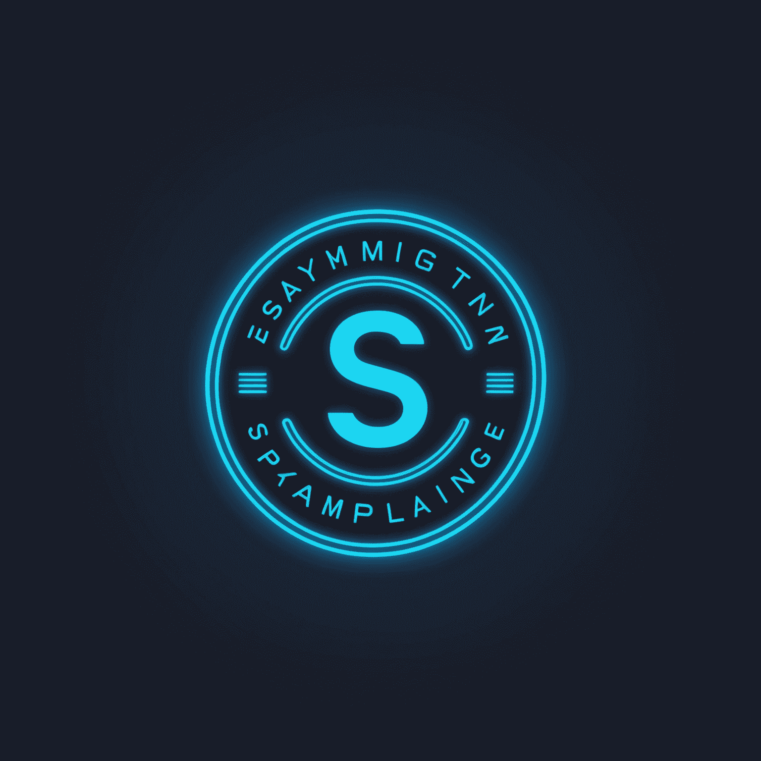 saymplaing Logo - Ein modernes, minimalistisches Design mit neonblauer Schrift auf dunkelblauem Hintergrund