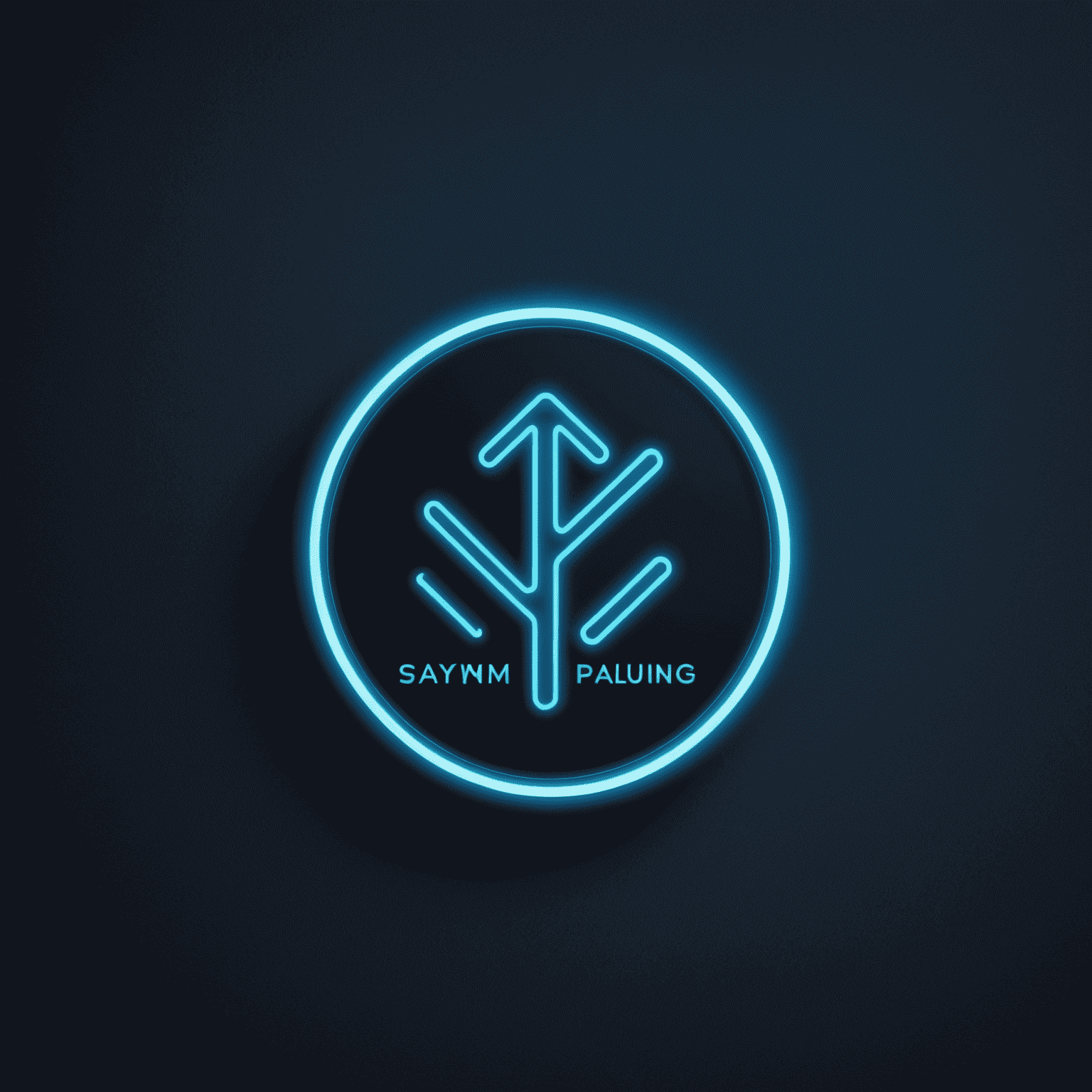 saymplaing Logo - Ein modernes, minimalistisches Design mit neonblauer Schrift auf dunkelblauem Hintergrund