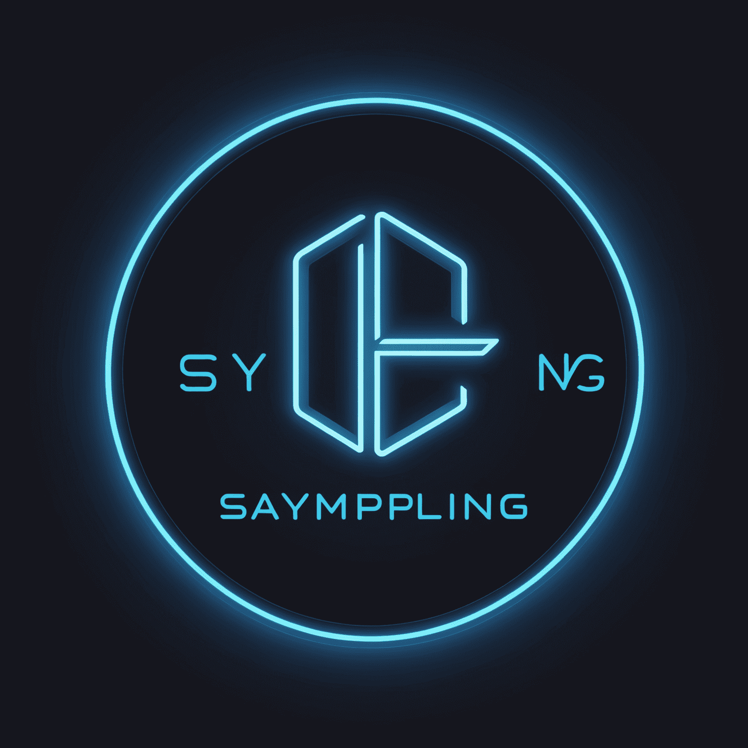 saymplaing Logo - Ein modernes, minimalistisches Design mit neonblauer Schrift auf dunkelblauem Hintergrund