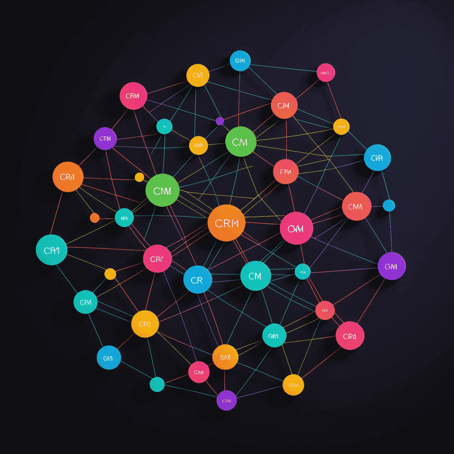 Abstrakte Darstellung eines CRM-Systems mit vernetzten Punkten und Linien in Neonfarben auf dunklem Hintergrund