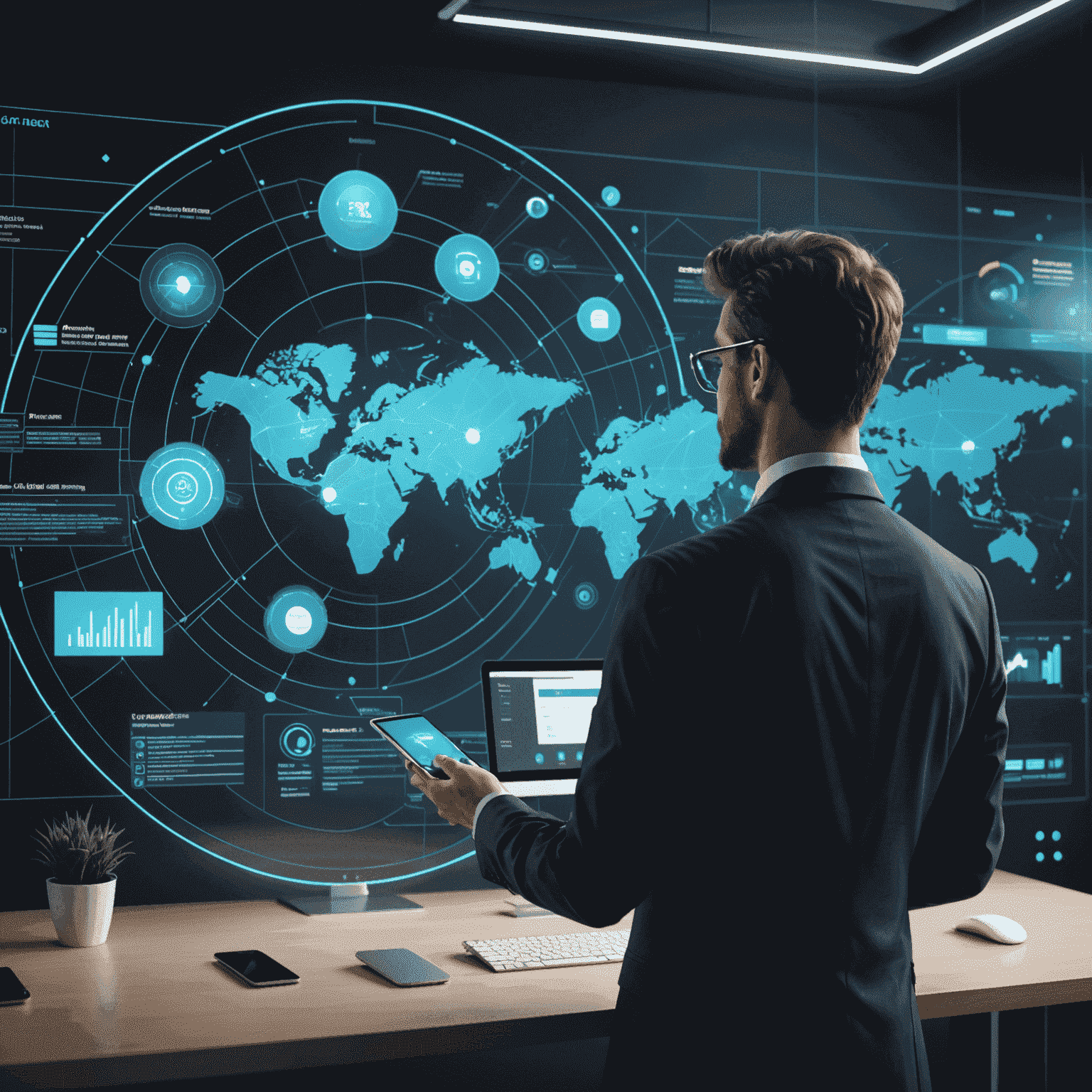 Futuristische Darstellung eines CRM-Systems mit holografischen Benutzeroberflächen und Datenvisualisierungen, die die neuesten Trends für kleine und mittlere Unternehmen repräsentieren