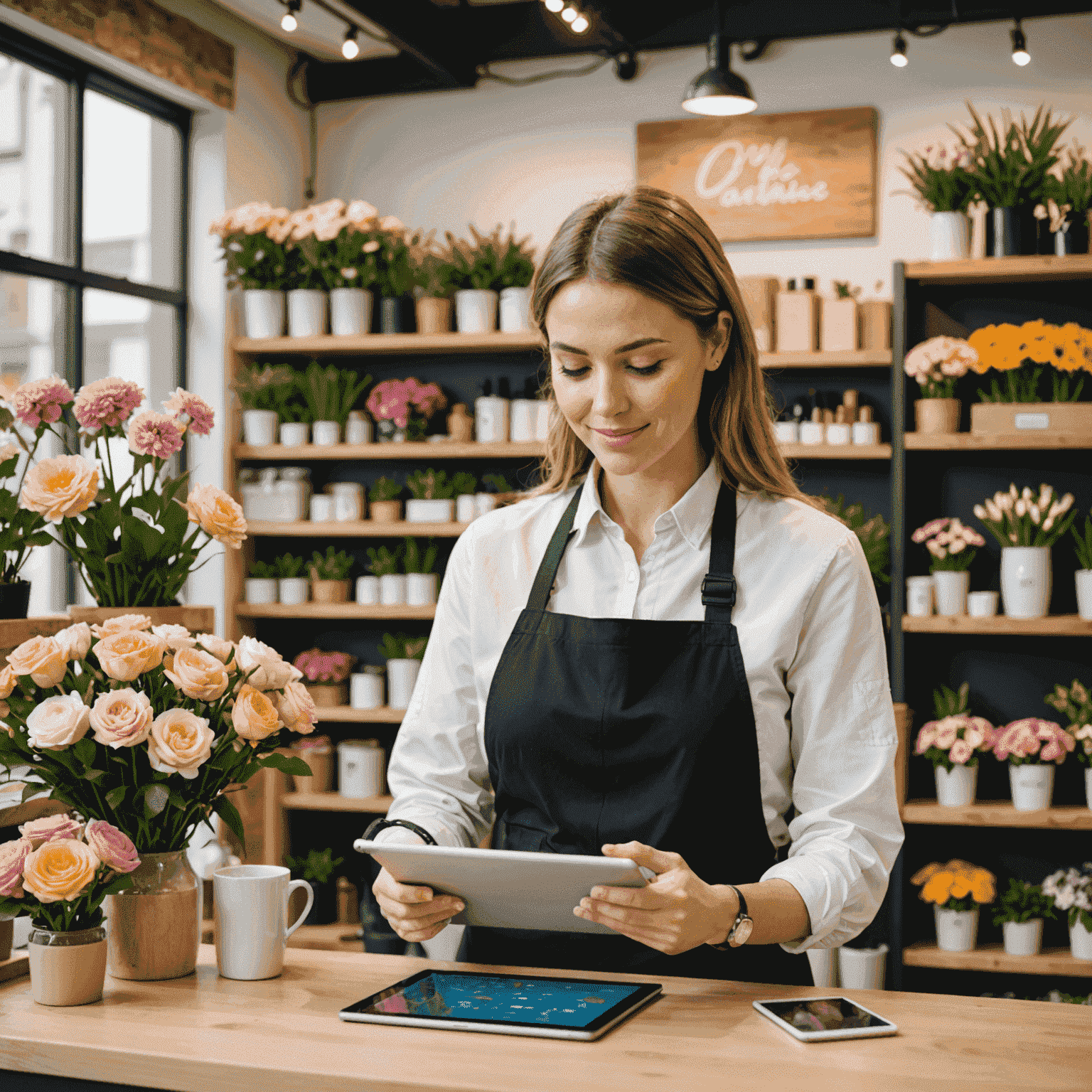 Ein moderner Blumenladen mit digitaler Ausstattung, ein Mitarbeiter bedient ein Tablet mit CRM-Software