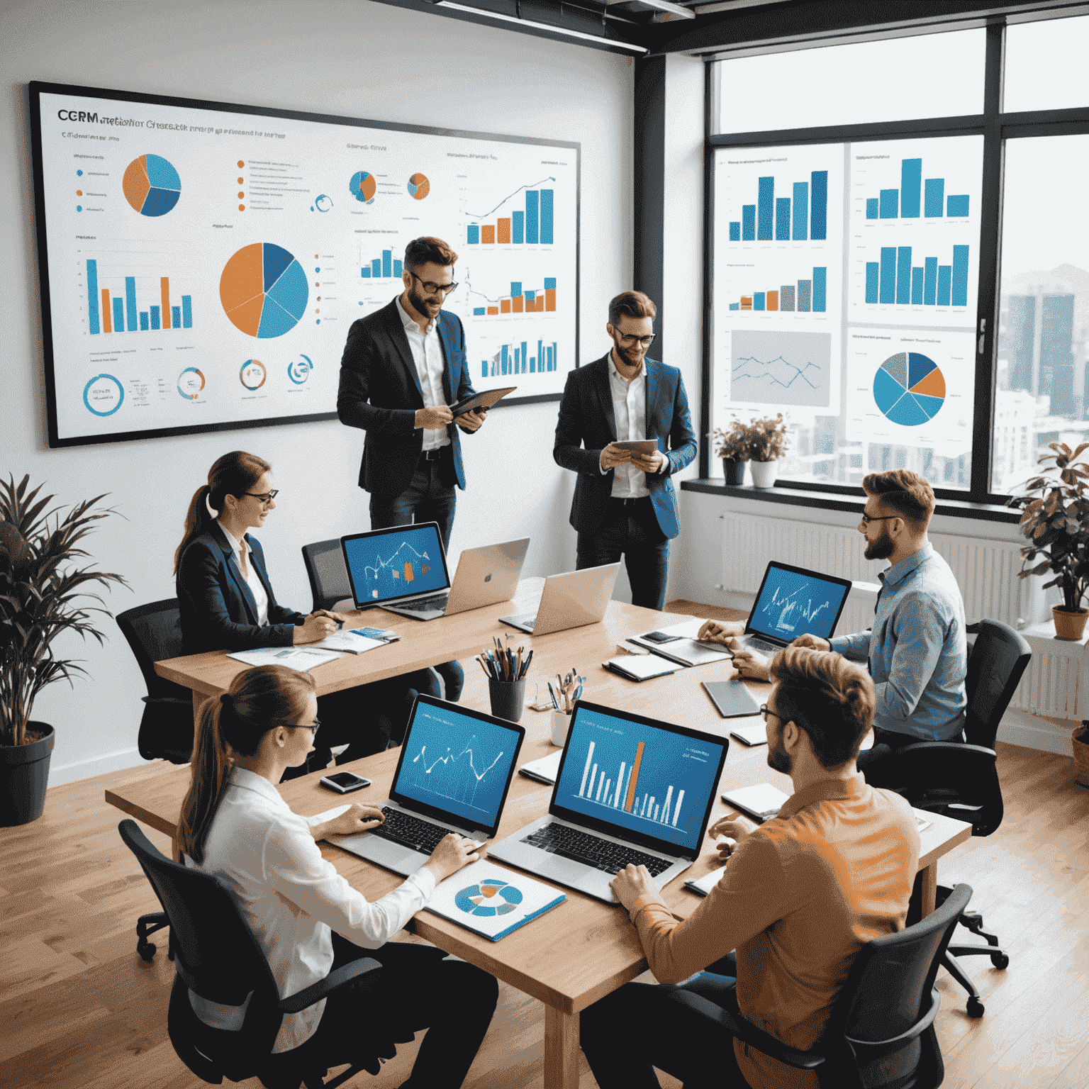 Grafik zeigt zufriedene Mitarbeiter eines kleinen Teams, die das CRM-System auf Tablets und Laptops nutzen. Im Hintergrund sind Diagramme und Statistiken zu sehen, die den Erfolg und die Effizienzsteigerung durch das CRM visualisieren.