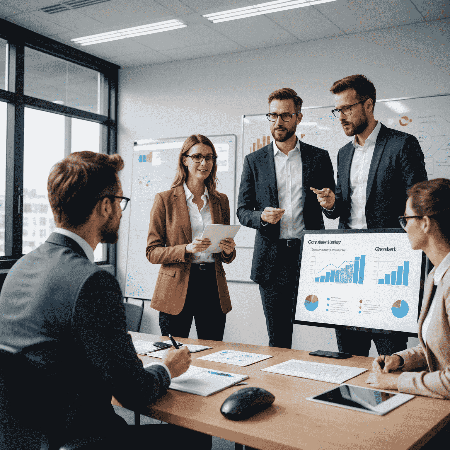 Ein Berater erklärt einem kleinen Team ein CRM-System an einem Whiteboard. Das Bild zeigt eine moderne Büroumgebung mit futuristischen Elementen wie holografischen Displays.