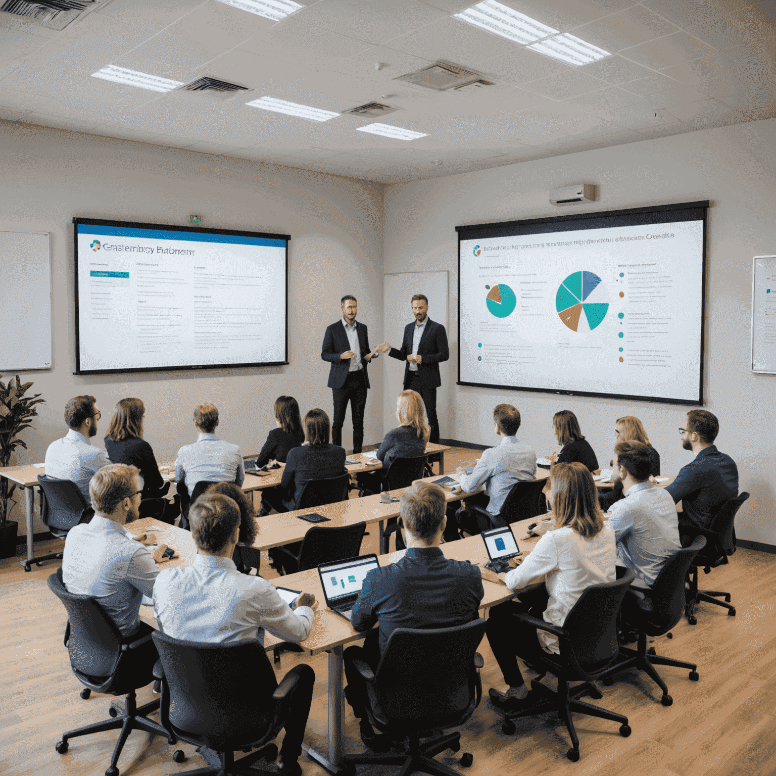 Ein Schulungsraum mit einem Trainer, der einer kleinen Gruppe von Teilnehmern die Funktionen eines CRM-Systems an einem großen Bildschirm erklärt. Die Teilnehmer sitzen an Laptops und folgen aufmerksam der Präsentation.