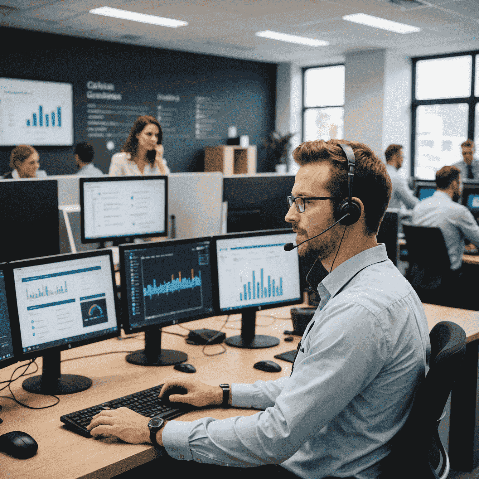 Ein Supportmitarbeiter von saymplaing, der einem Kunden am Telefon hilft. Der Mitarbeiter sitzt vor einem Computer mit mehreren Bildschirmen, auf denen CRM-Dashboards zu sehen sind. Im Hintergrund sind weitere Supportmitarbeiter zu sehen, die in einem modernen, offenen Büro arbeiten.