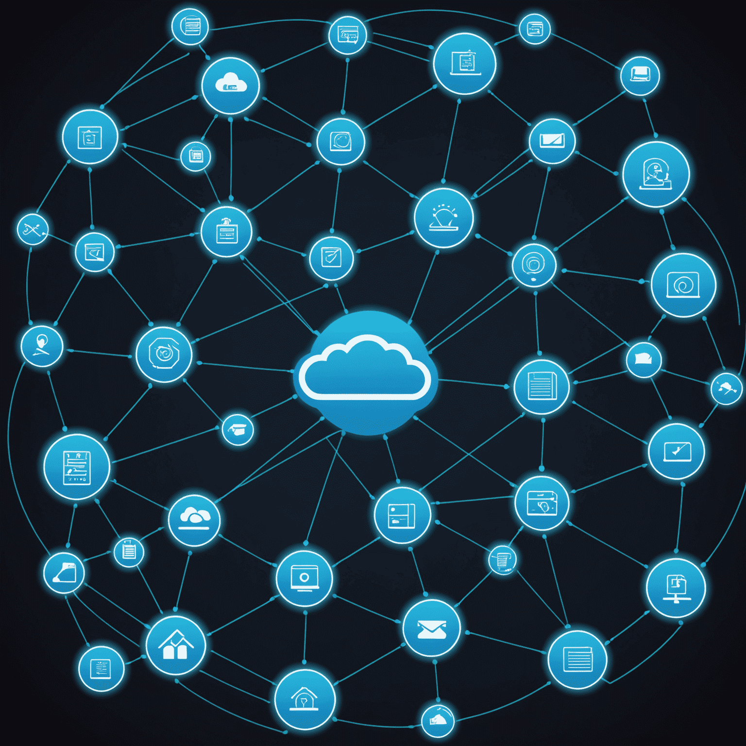 Visualisierung einer nahtlosen CRM-Integration: Ein Netzwerk von verbundenen Systemen, die harmonisch zusammenarbeiten. Im Zentrum steht das CRM-System, umgeben von verschiedenen Geschäftsanwendungen wie E-Mail, Kalender, Dokumentenmanagement und Buchhaltungssoftware. Neonblaue Linien verbinden die Systeme und symbolisieren den Datenfluss.