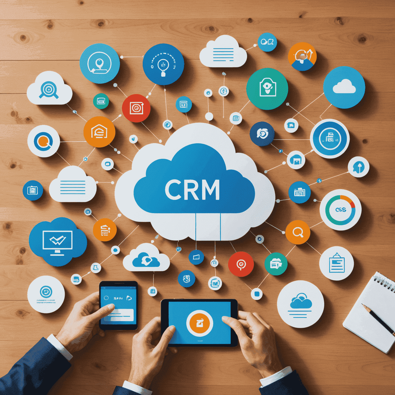 Grafik zeigt verschiedene CRM-Trends wie Cloud-basierte Lösungen, KI-Integration und mobile CRM-Apps für kleine und mittlere Unternehmen