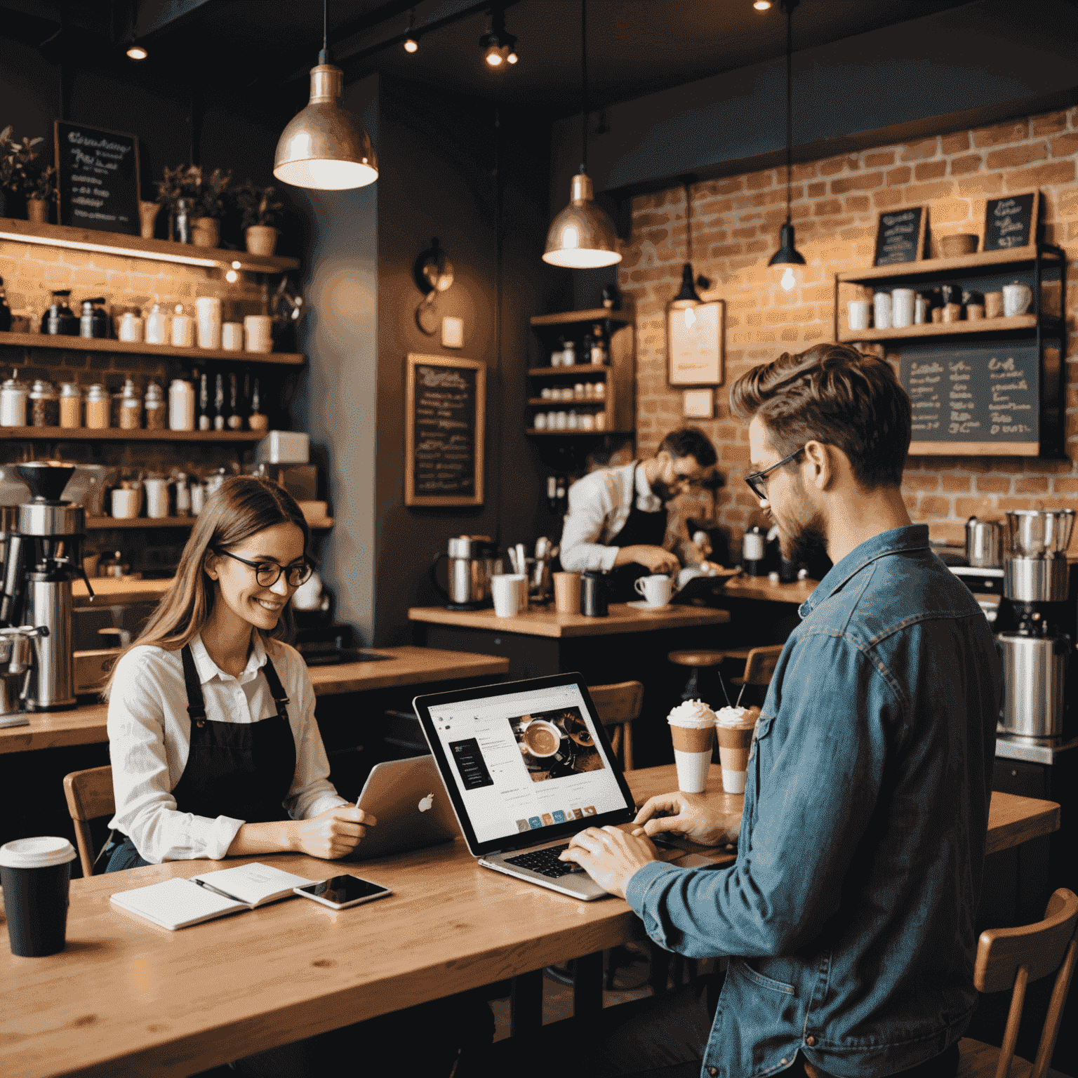 Ein gemütliches Café mit Kunden, die an Laptops arbeiten, und einem Barista, der ein Tablet zur Bestellaufnahme nutzt