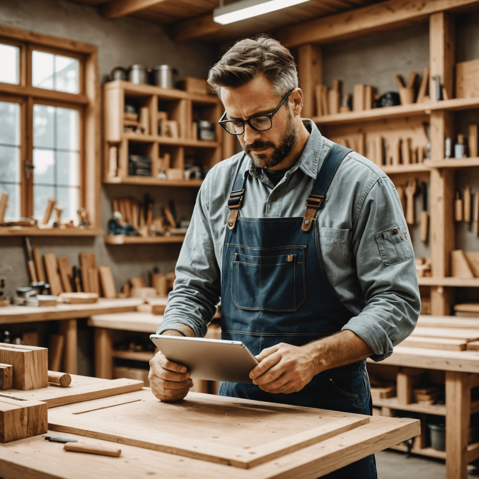 Eine moderne Schreinerwerkstatt mit einem Handwerker, der ein Tablet zur Kundenauftragsbearbeitung verwendet