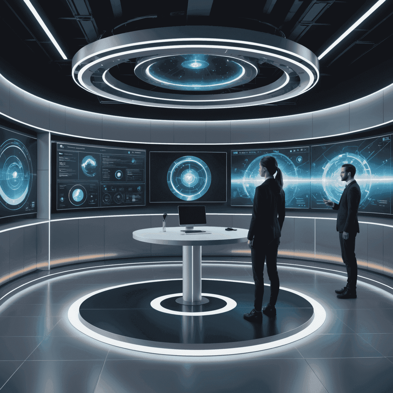Futuristische Darstellung eines virtuellen Schulungsraums mit holografischen Displays und interaktiven Elementen