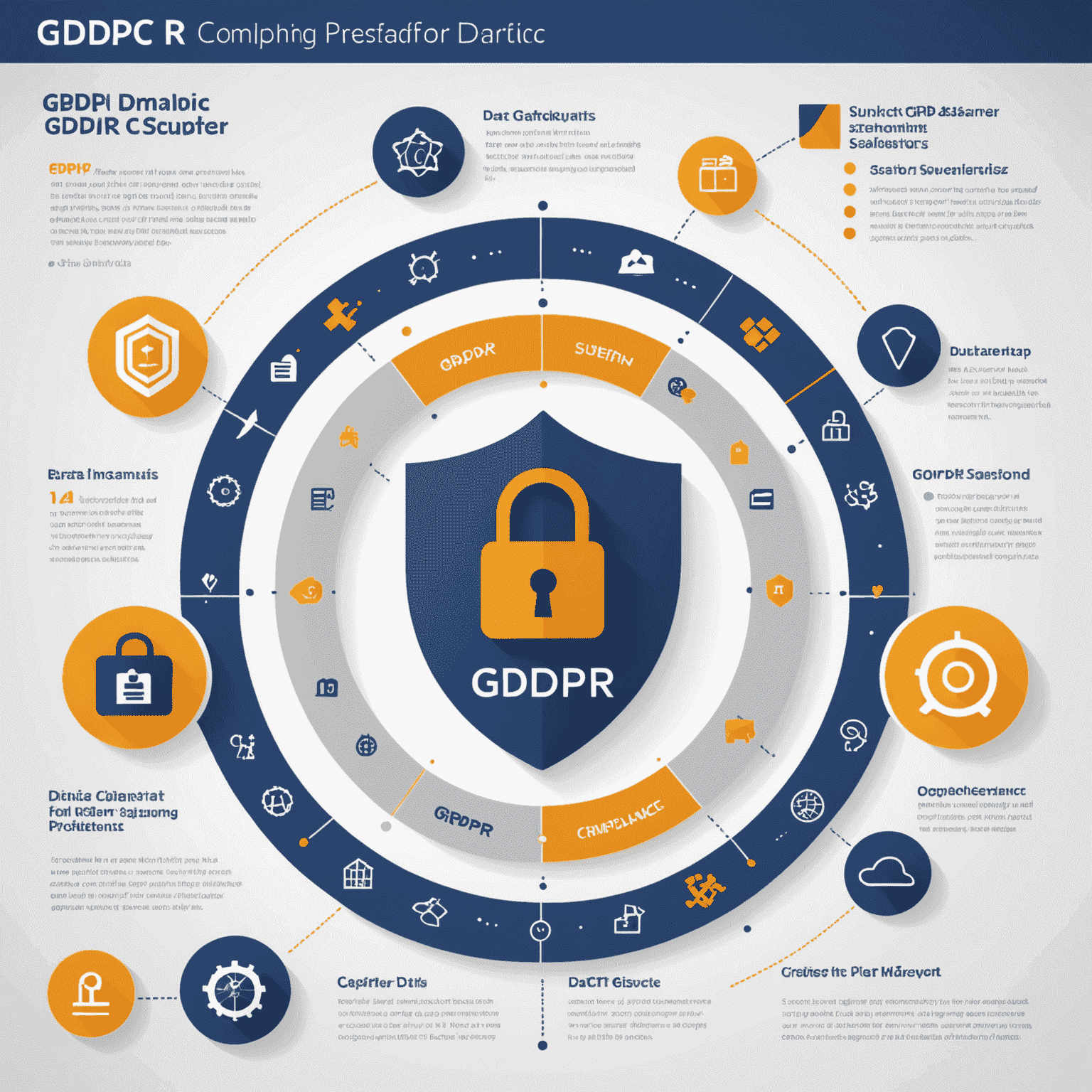 Infografik zur DSGVO-Konformität in CRM-Systemen, mit Symbolen für Datenschutz und Sicherheit