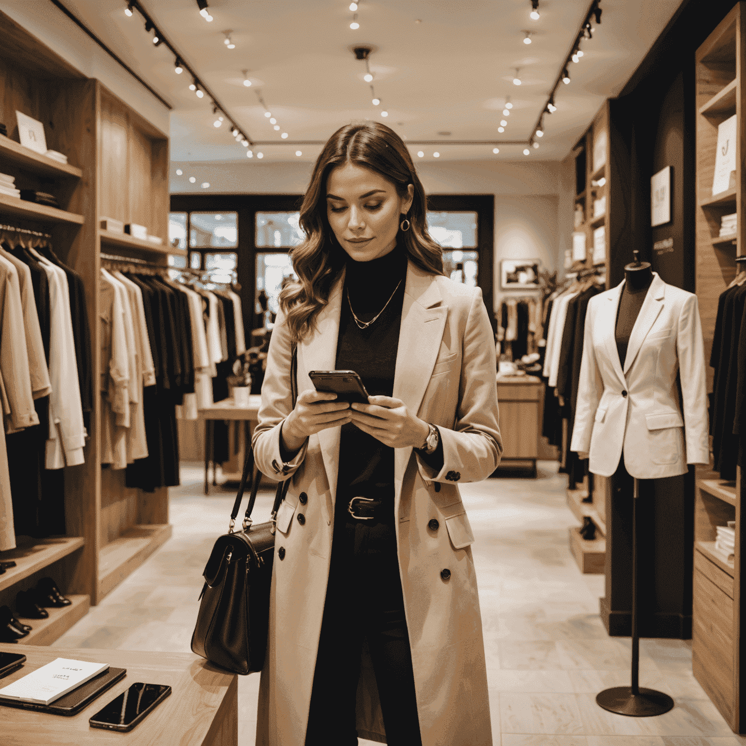 Eine stylische Modeboutique mit einer Verkäuferin, die ein Smartphone mit CRM-App zur Kundenberatung nutzt