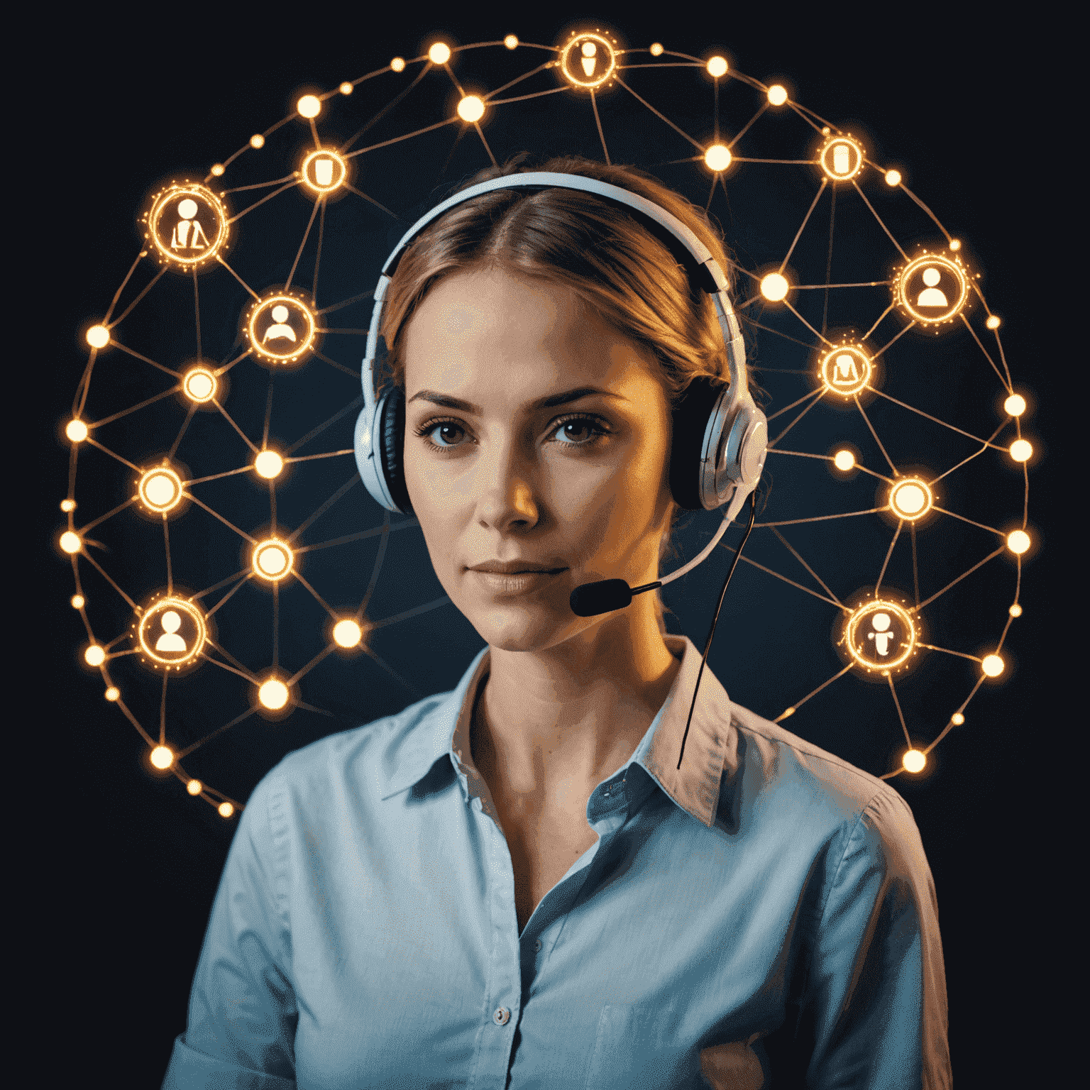 Technischer Support dargestellt durch ein Netzwerk von leuchtenden Verbindungen und Symbolen für Kundenbetreuung